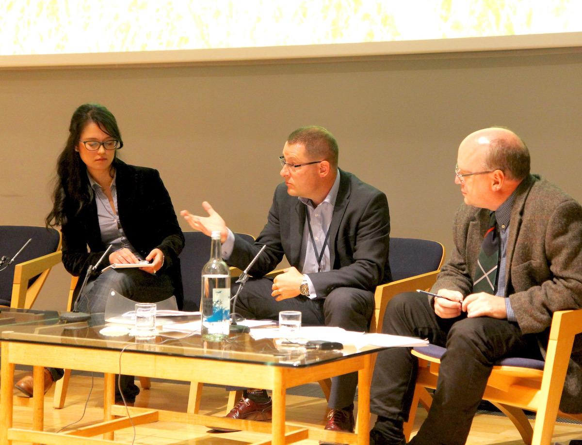 Dr Campos (left) in conversation with Martin Gouldstone and Dr Calum MacKellar at the Patents on Life conference in September First paper from Patents on Life conference published by the VHI's Thana Campos